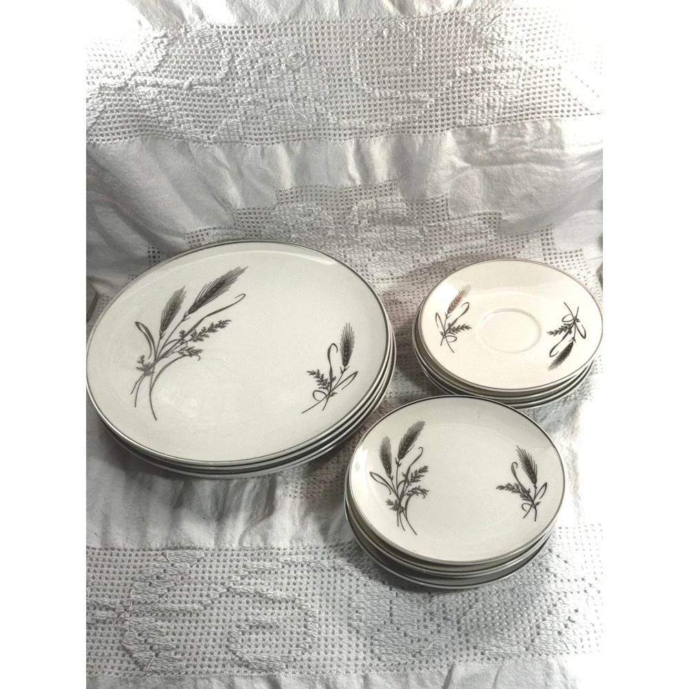 12 Ancestral Wheat Fine Translucent China Set 4 Dinner Salad Plates Saucers USA